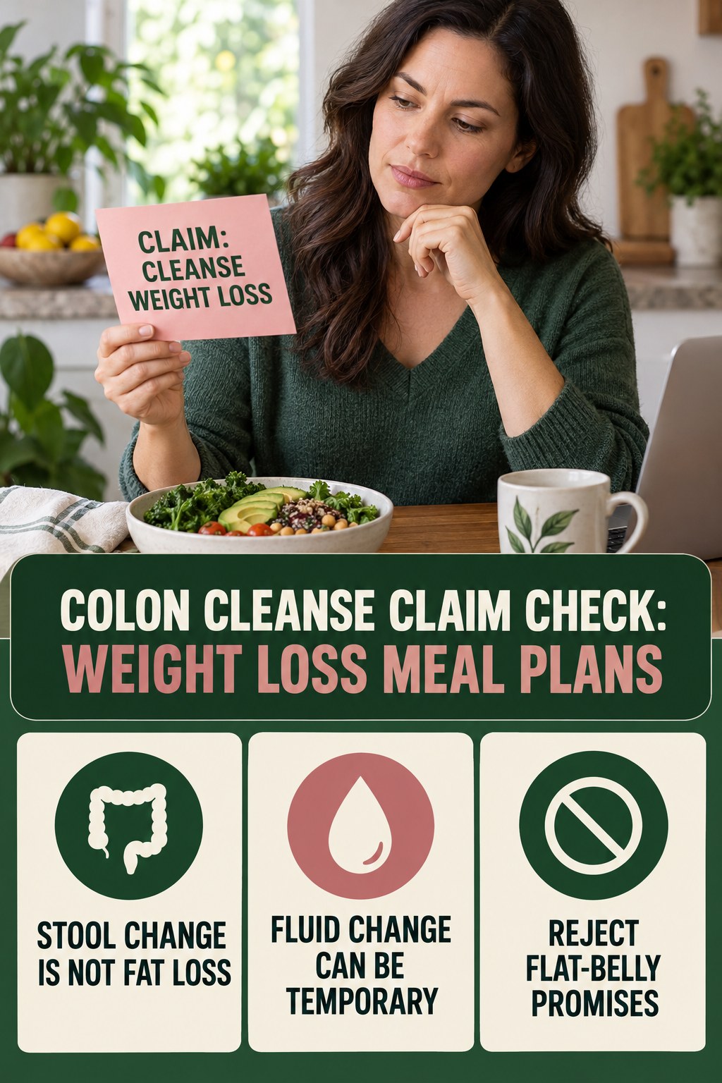 Weight-Loss and Flat-Belly Claims infographic for Weight Loss Meal Plans, separating a colon-cleanse marketing claim from evidence, reasonable conclusions, and safety context.