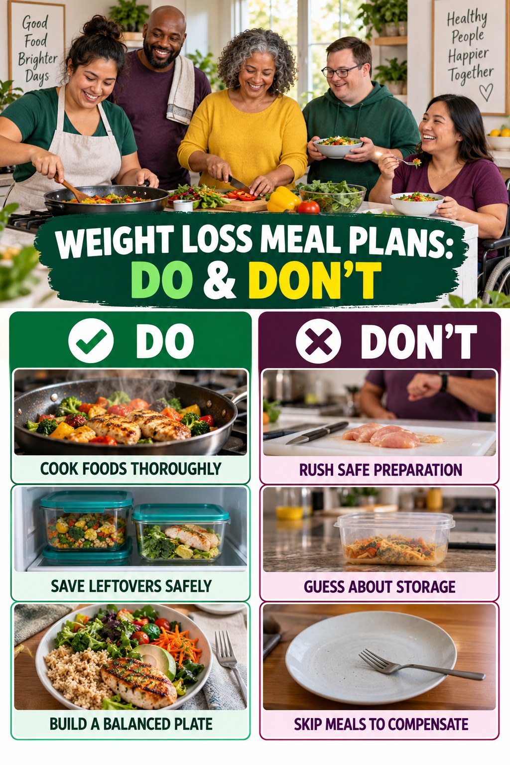 Weight Loss Meal Plans Do and Don’t comparison graphic showing three practical behavior pairs for balanced choices.