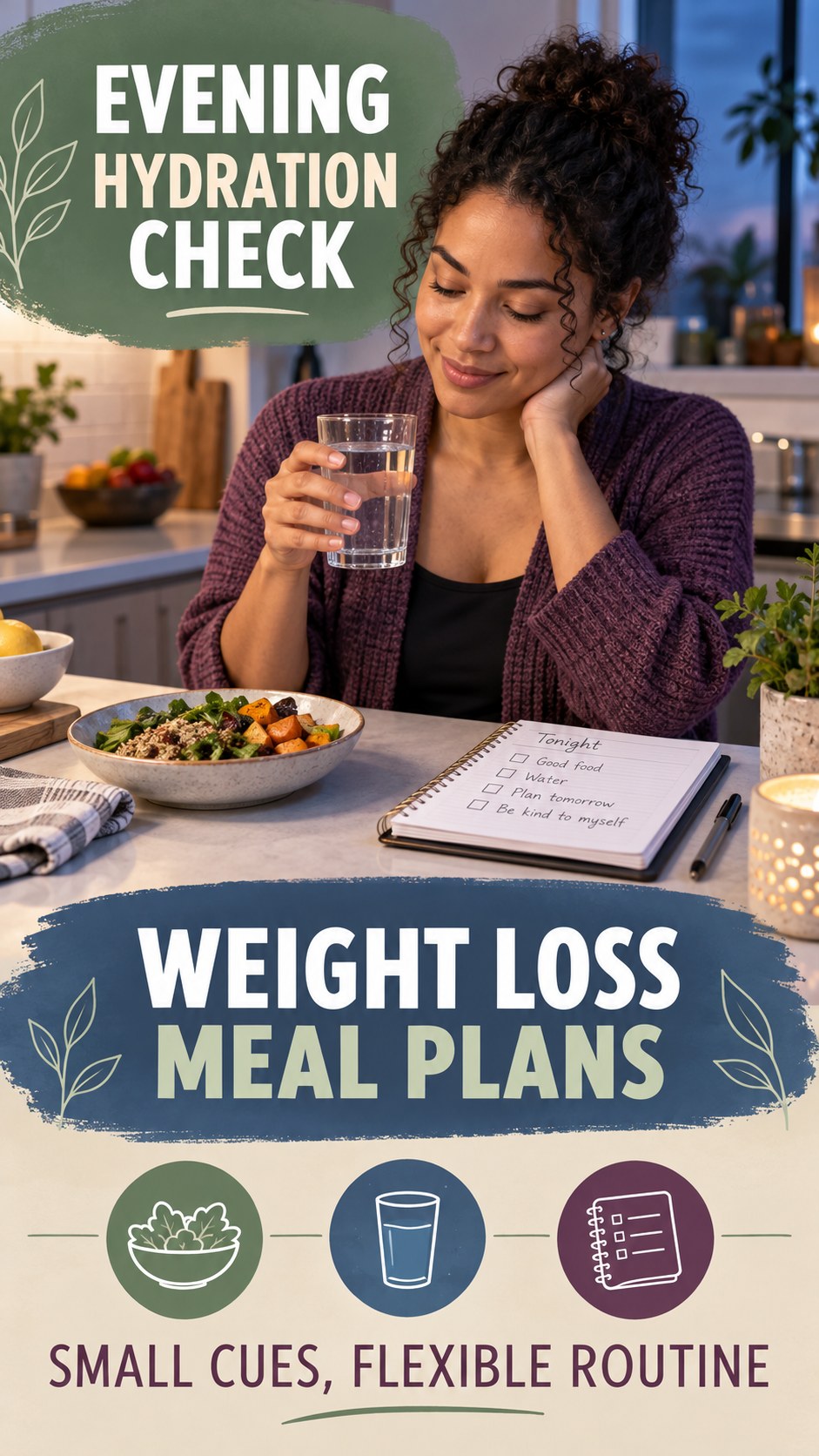 Evening Hydration Awareness infographic for Weight Loss Meal Plans, showing a flexible and calming evening wellness routine.