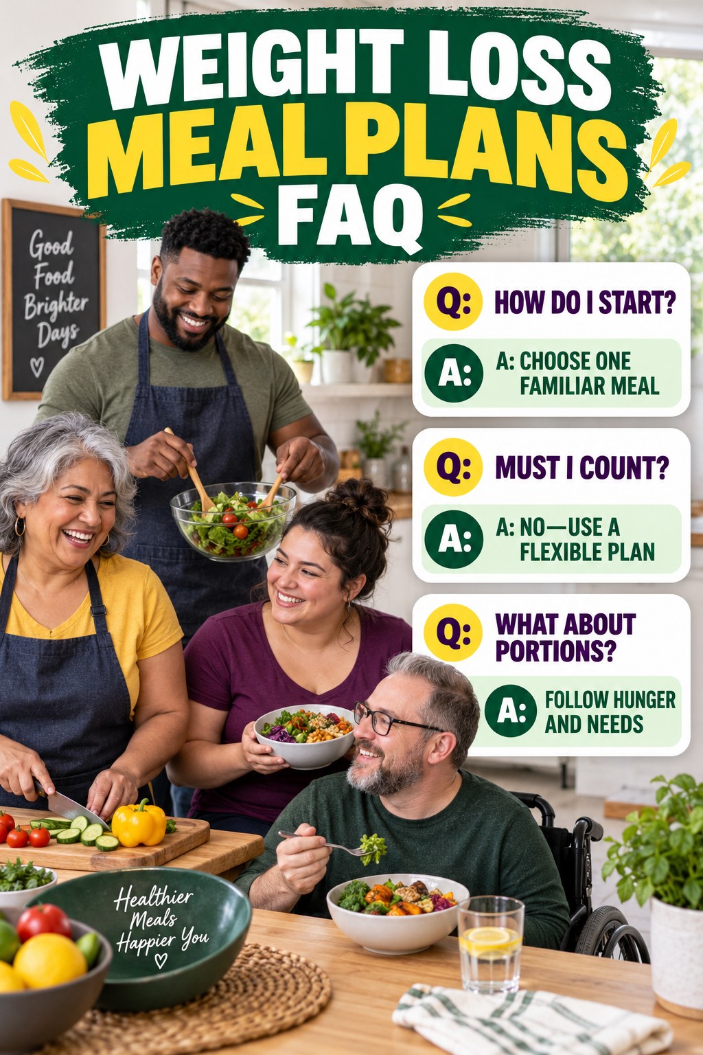 Weight Loss Meal Plans FAQ graphic with three concise questions and practical answers for beginners.