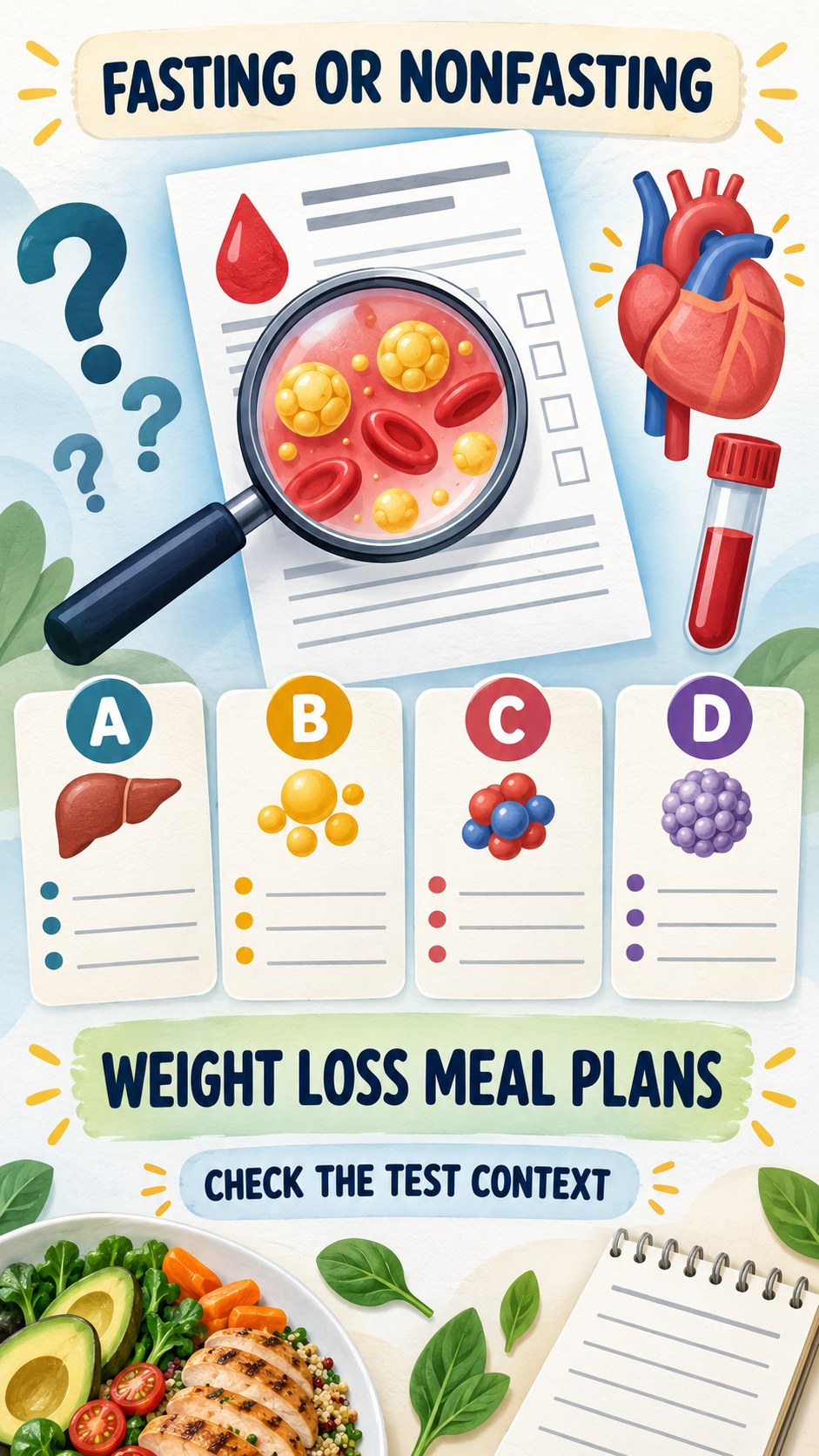 Fasting and Nonfasting Questions infographic for Weight Loss Meal Plans, using a non-numerical educational lipid-panel layout with question and context icons.