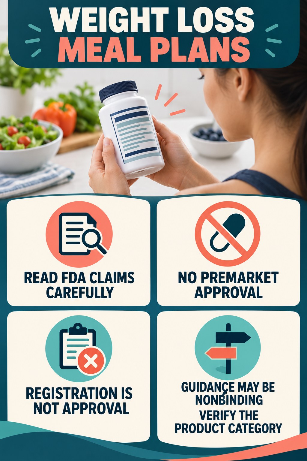 FDA Status on Supplement Labels infographic for Weight Loss Meal Plans with four concise probiotic-label reading points.
