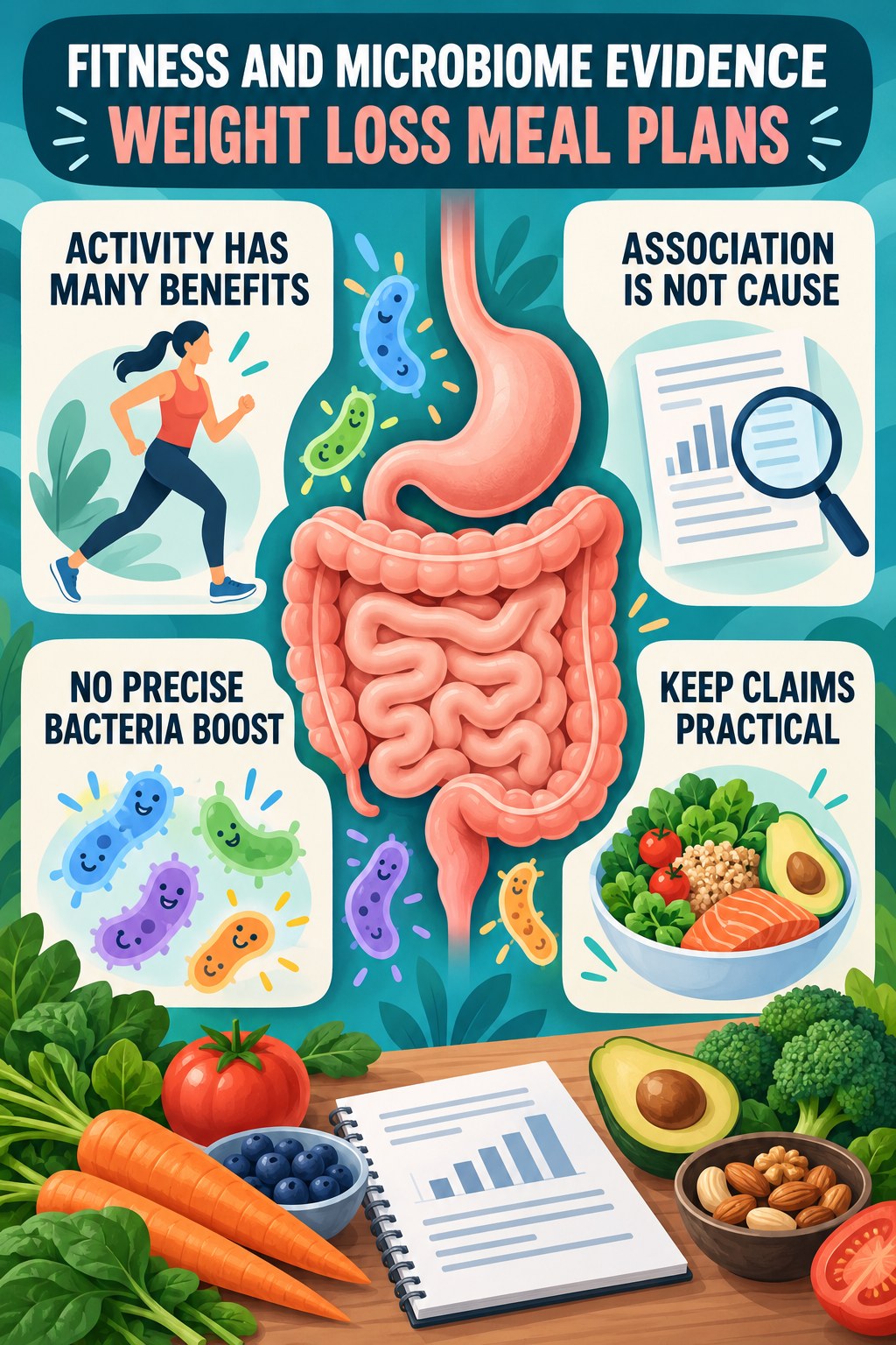 Fitness Headlines and Microbiome Evidence educational infographic for Weight Loss Meal Plans with four evidence-aware points.