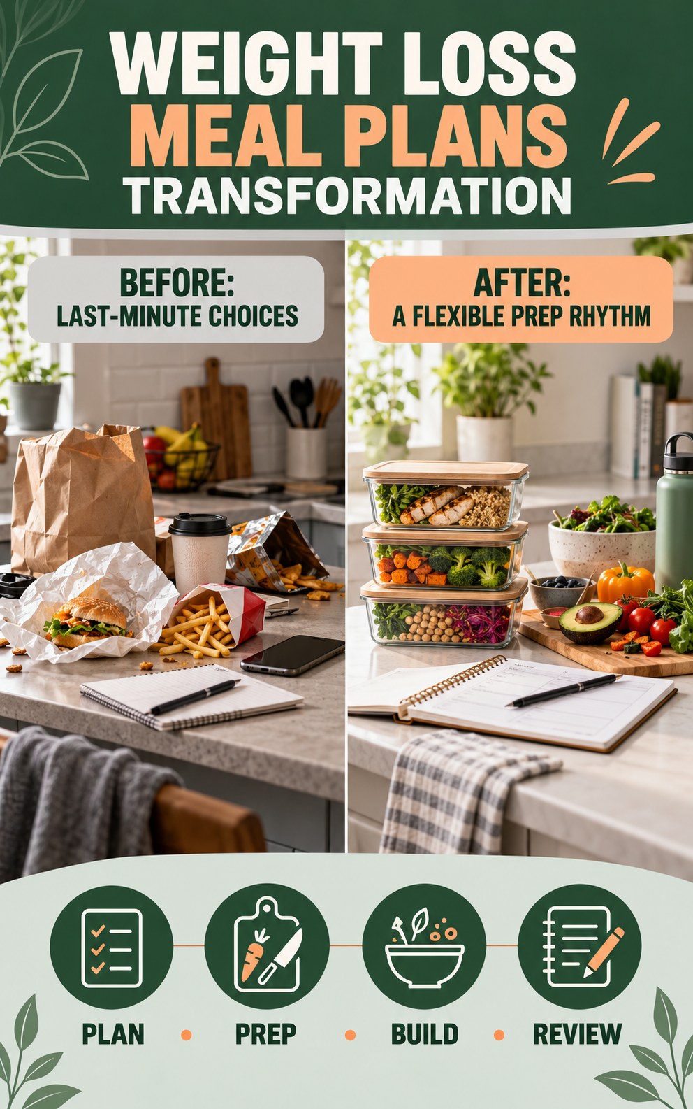 Weight Loss Meal Plans habit transformation graphic comparing last-minute choices with a flexible prep rhythm using four practical steps.