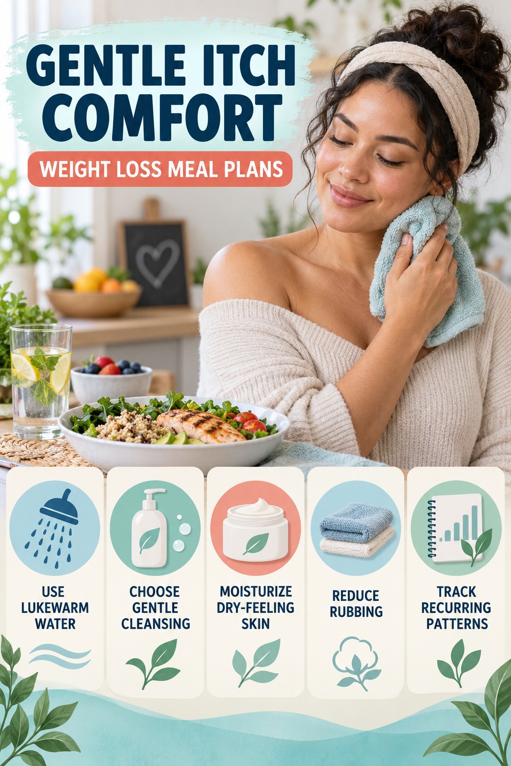 Gentle Everyday Comfort Routine infographic for Weight Loss Meal Plans with five gentle itchy-skin comfort strategies and a non-diagnostic safety focus.