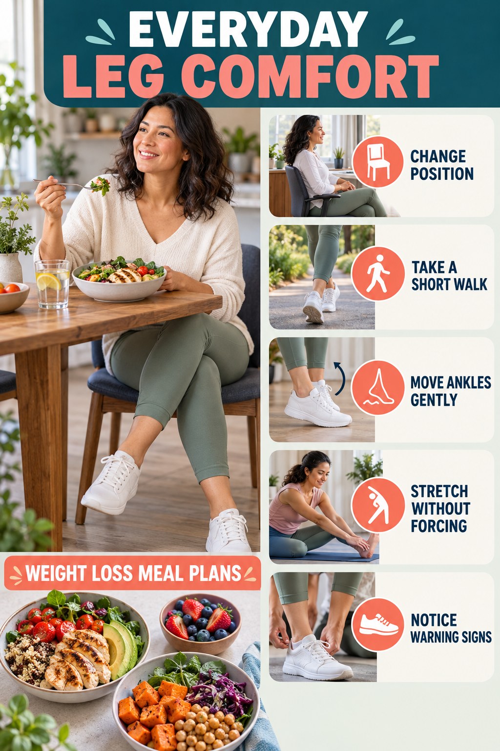 Gentle Everyday Leg Comfort infographic for Weight Loss Meal Plans with five gentle movement, position, footwear, recovery, or safety actions.