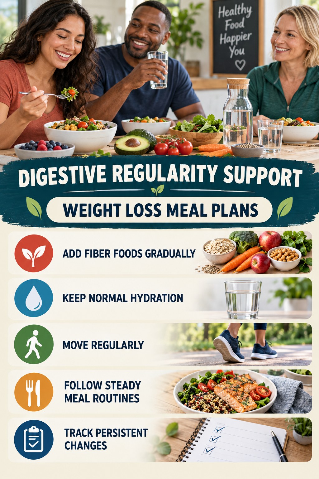Gentle Everyday Regularity Habits infographic for Weight Loss Meal Plans with five practical food, hydration, movement, or routine actions and no cleanse claims.