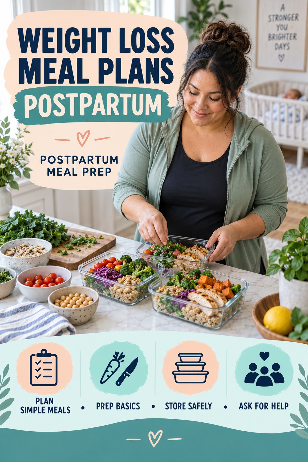 Weight Loss Meal Plans postpartum graphic titled Postpartum Meal Prep with four gradual recovery-aware prompts.