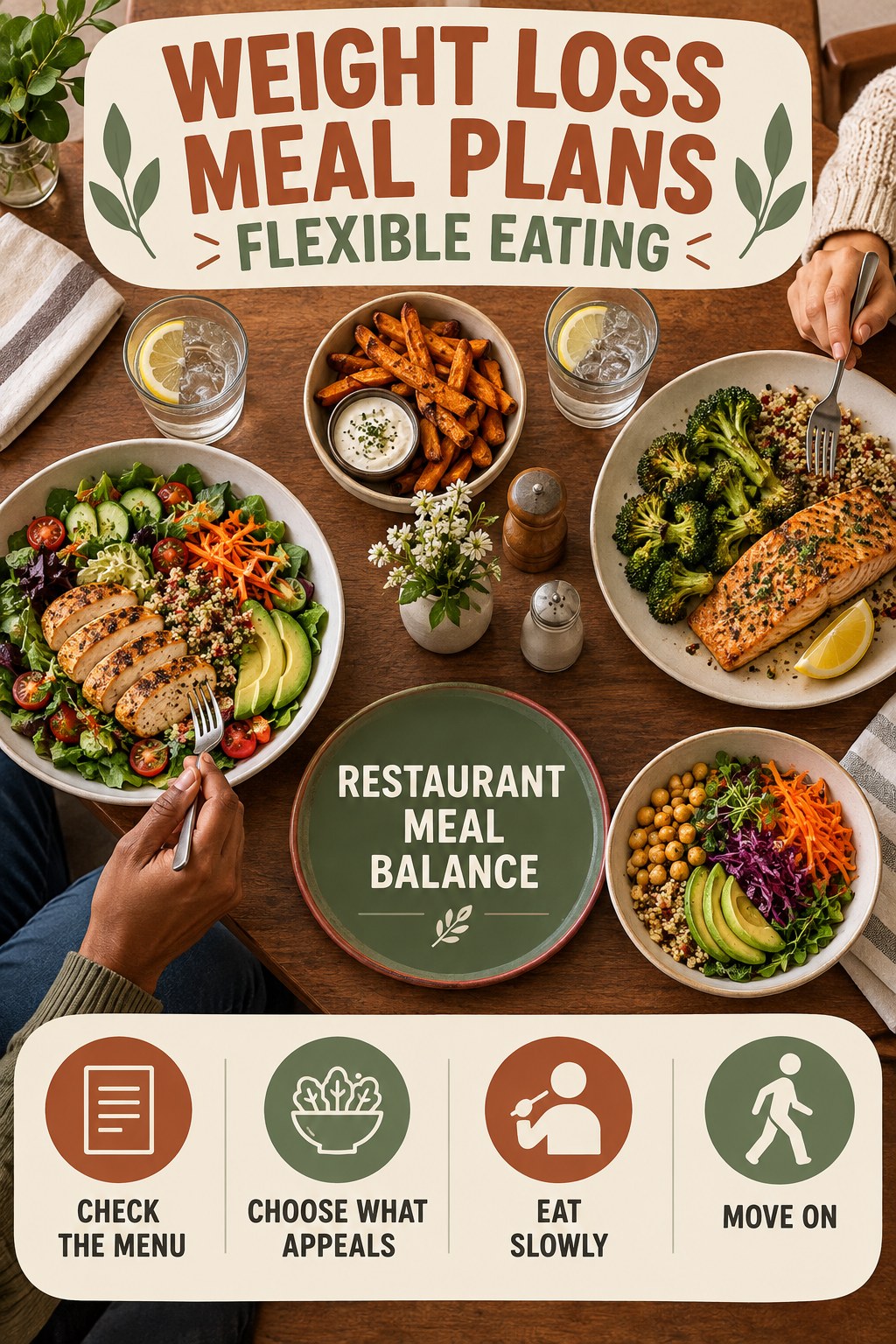 Weight Loss Meal Plans flexible eating graphic titled Restaurant Meal Balance with four practical balance prompts.