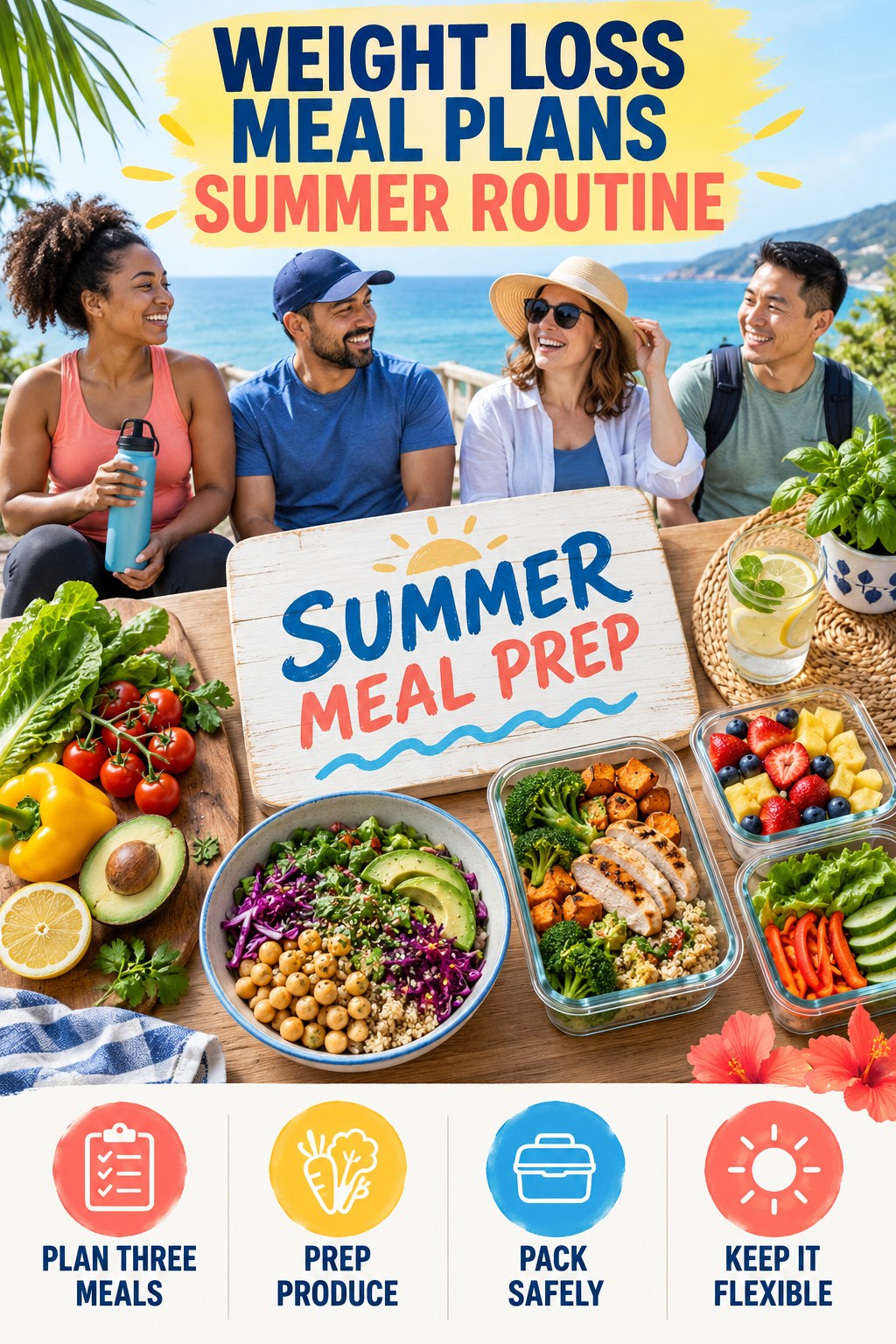 Weight Loss Meal Plans summer routine graphic titled Summer Meal Prep with four practical wellness prompts.