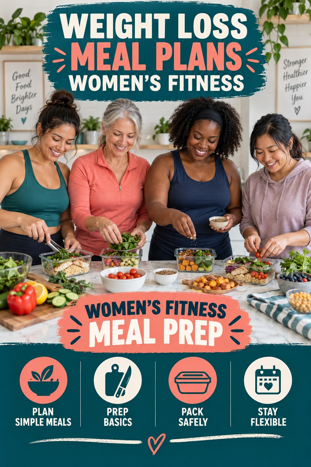 Weight Loss Meal Plans women’s fitness graphic titled Women’s Fitness Meal Prep with four practical training prompts.