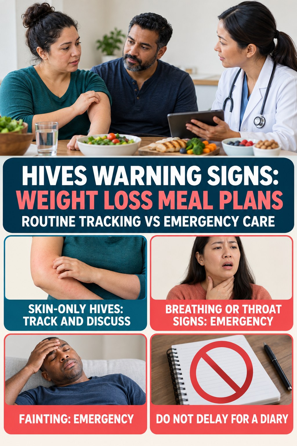 Routine Tracking vs Emergency Care infographic for Weight Loss Meal Plans, highlighting urgent breathing, throat, swelling, fainting, and rapid-progression warning signs without diagnosing hives.
