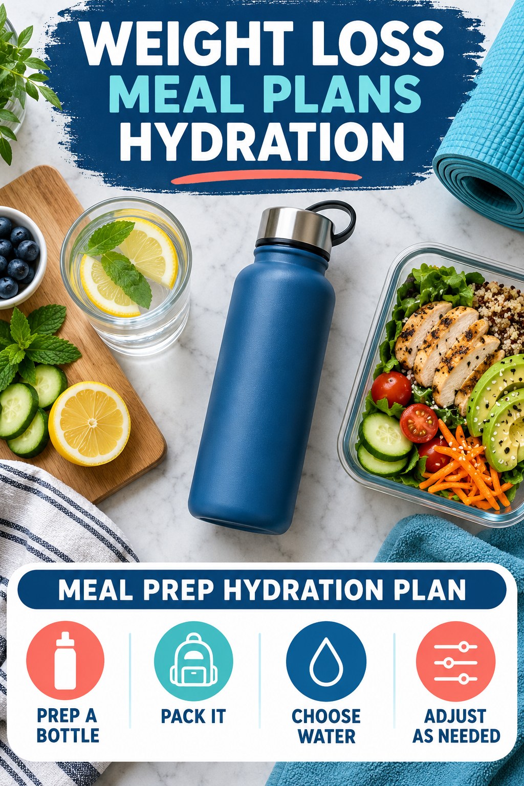 Weight Loss Meal Plans hydration graphic titled Meal Prep Hydration Plan with four flexible water-habit prompts and no fixed intake target.