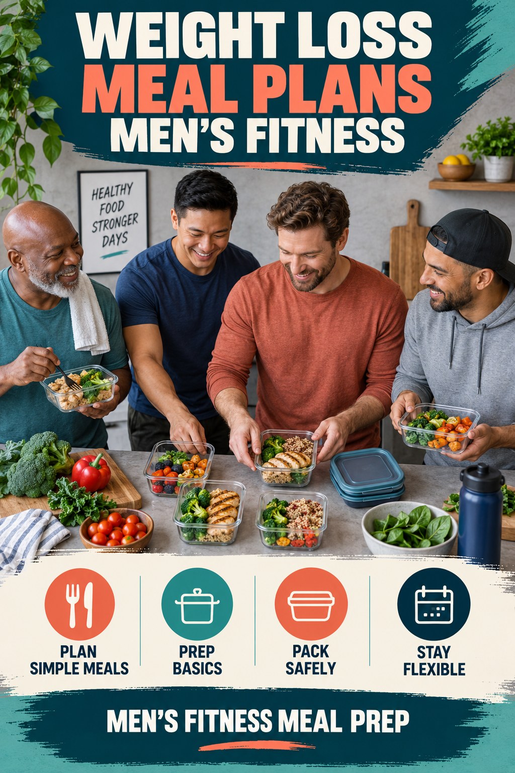 Weight Loss Meal Plans men’s fitness graphic titled Men’s Fitness Meal Prep with four practical training prompts.