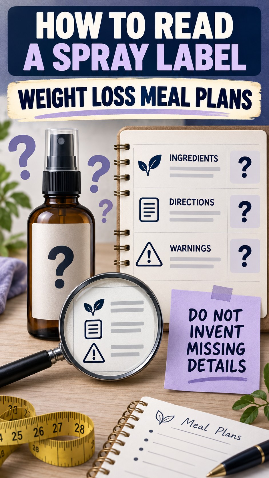 Missing Information Audit infographic for Weight Loss Meal Plans, showing a generic spray-label checklist that separates available facts, missing details, and evidence questions.