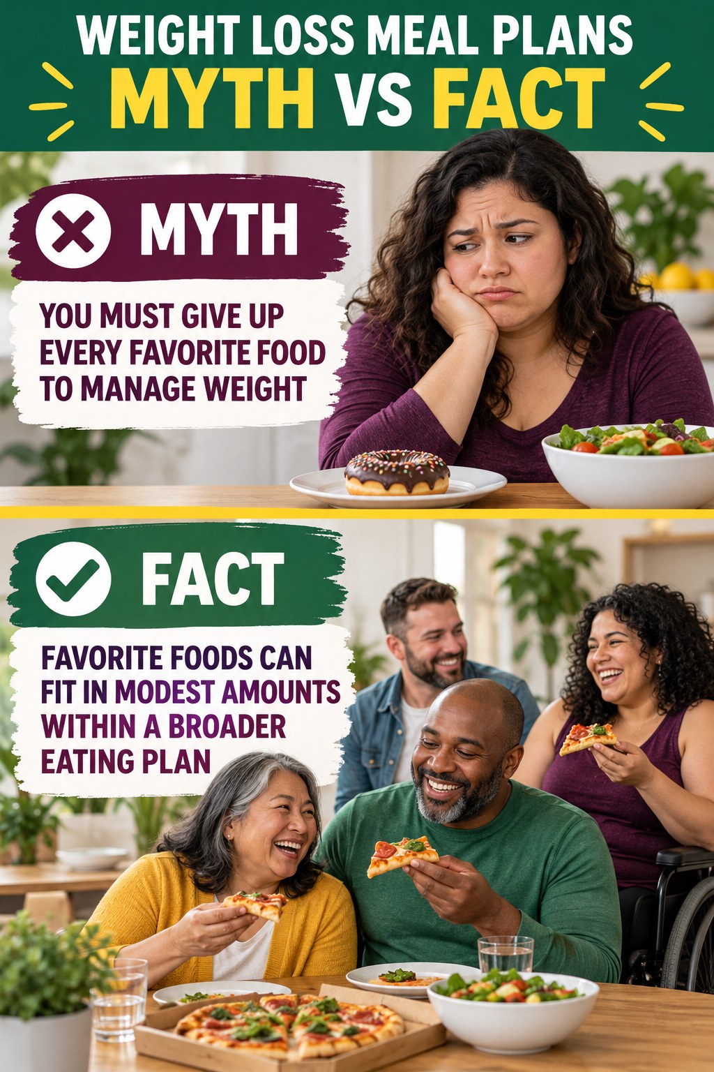 Weight Loss Meal Plans Myth vs Fact graphic correcting the misconception about favorite foods.