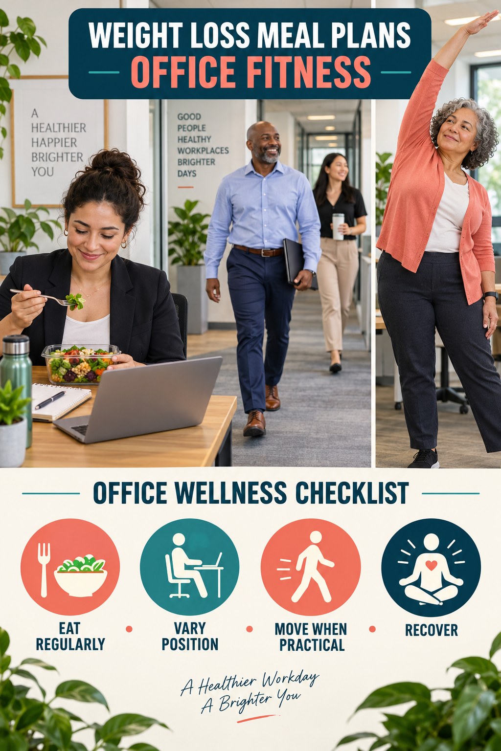 Weight Loss Meal Plans office-fitness graphic titled Office Wellness Checklist with four practical workday movement prompts.