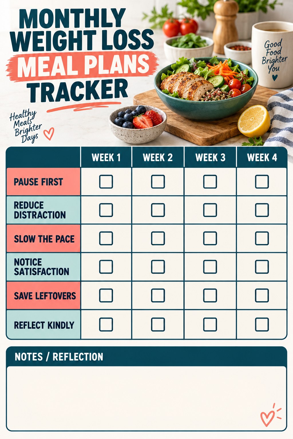 Monthly Weight Loss Meal Plans printable-style tracker graphic with six labeled rows, empty checkboxes, and a reflection area.