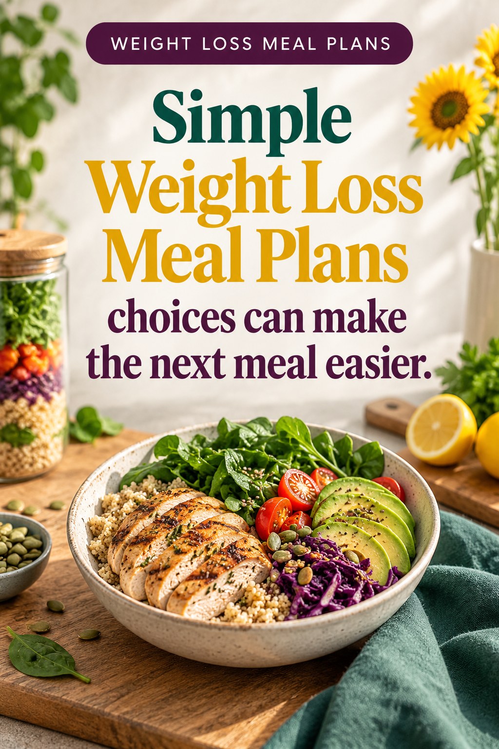 Original Weight Loss Meal Plans quote graphic reading “Simple Weight Loss Meal Plans choices can make the next meal easier.” in a board-relevant editorial design.