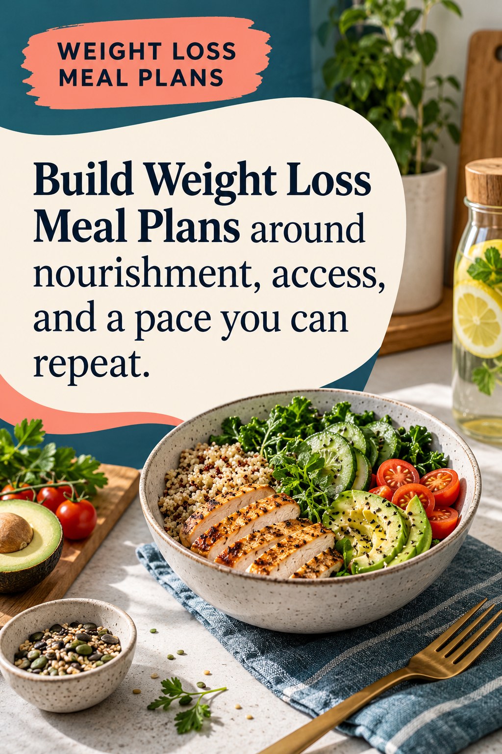 Original Weight Loss Meal Plans quote graphic reading “Build Weight Loss Meal Plans around nourishment, access, and a pace you can repeat.” in a board-relevant editorial design.