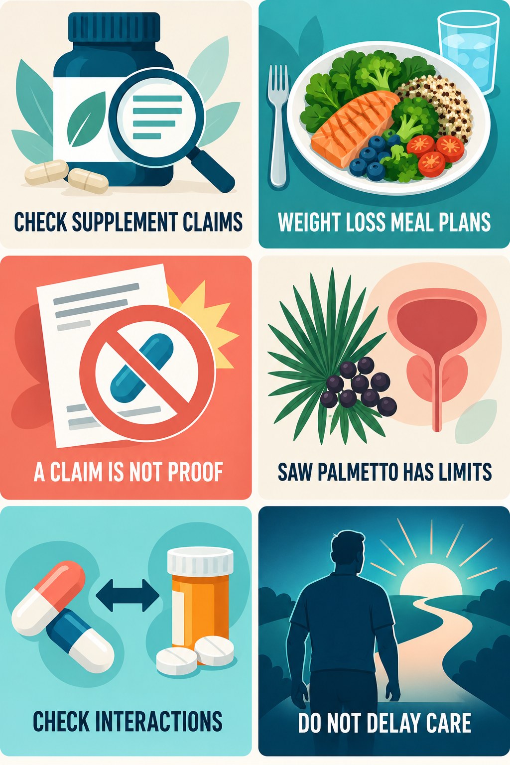 Saw Palmetto Claims Need Evidence infographic for Weight Loss Meal Plans with four concise prostate-health awareness points.
