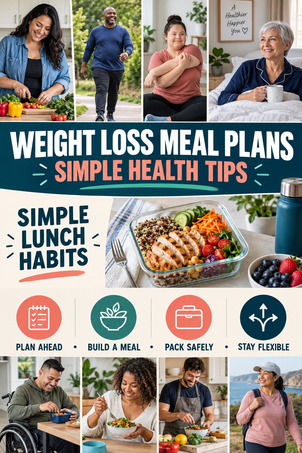 Weight Loss Meal Plans simple-health graphic titled Simple Lunch Habits with four practical wellness prompts.