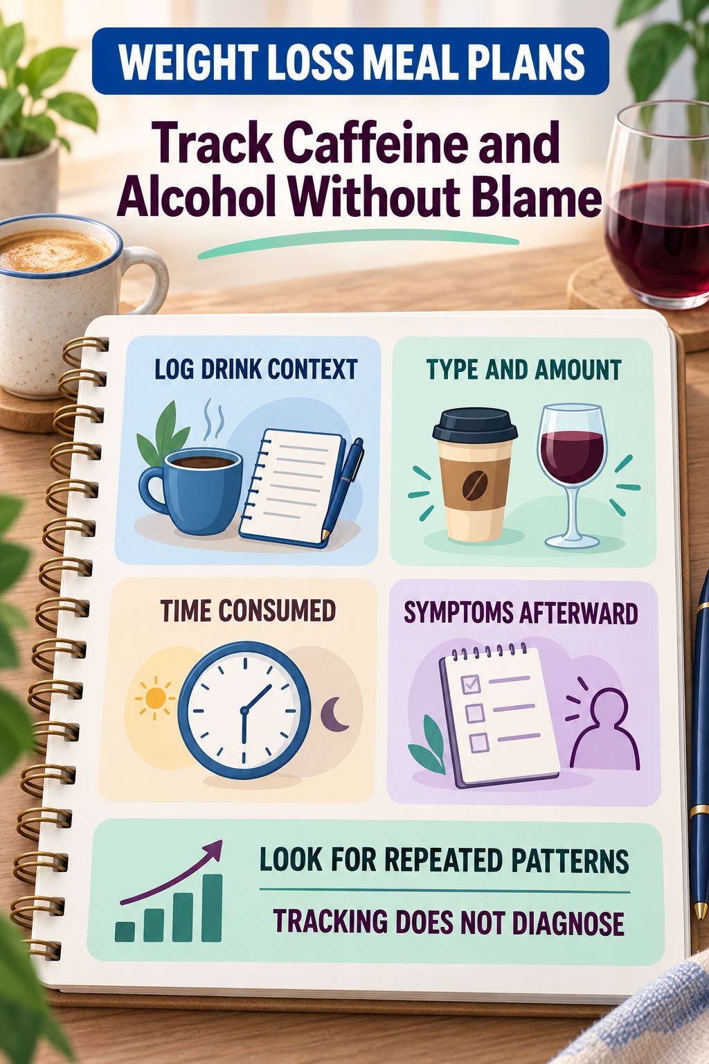 Track Caffeine and Alcohol Without Blame urinary symptom tracking infographic for Weight Loss Meal Plans with four practical diary points and a non-diagnostic reminder.