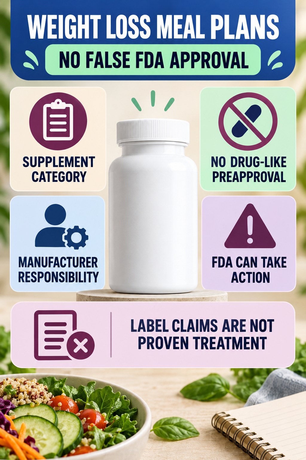 Understand FDA Status Without False Approval Claims prostate supplement label-literacy infographic for Weight Loss Meal Plans with four careful reading points.