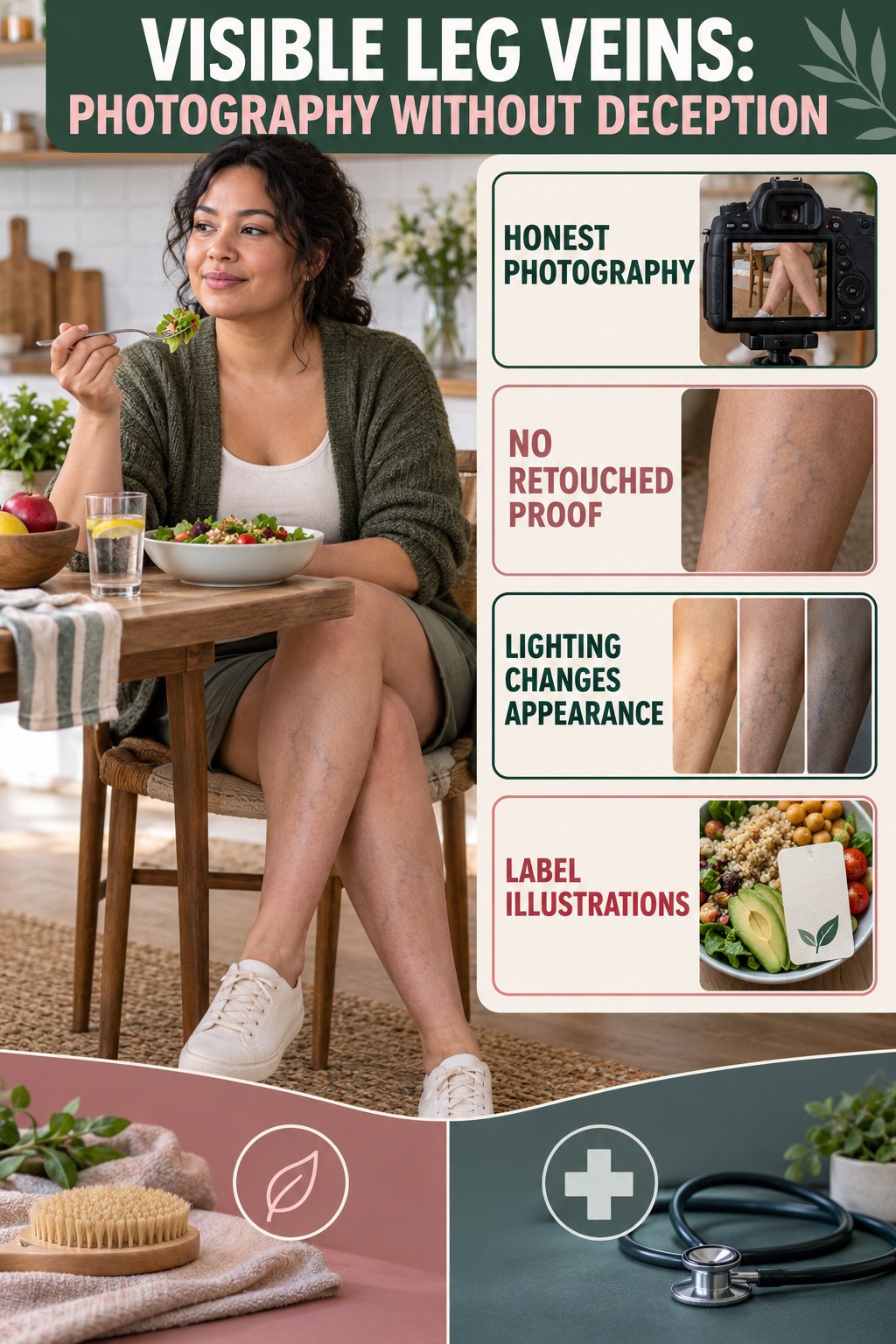 Photography Without Deception infographic for Weight Loss Meal Plans, showing body-neutral visible-leg-vein appearance care and the boundary between temporary cosmetic support and treatment.