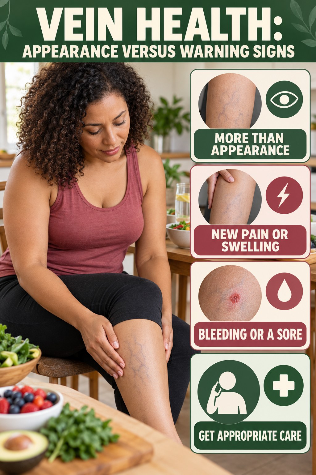 Appearance Versus Warning Signs infographic for Weight Loss Meal Plans, explaining vein-health warning signs and the appropriate next action without diagnosing a condition.