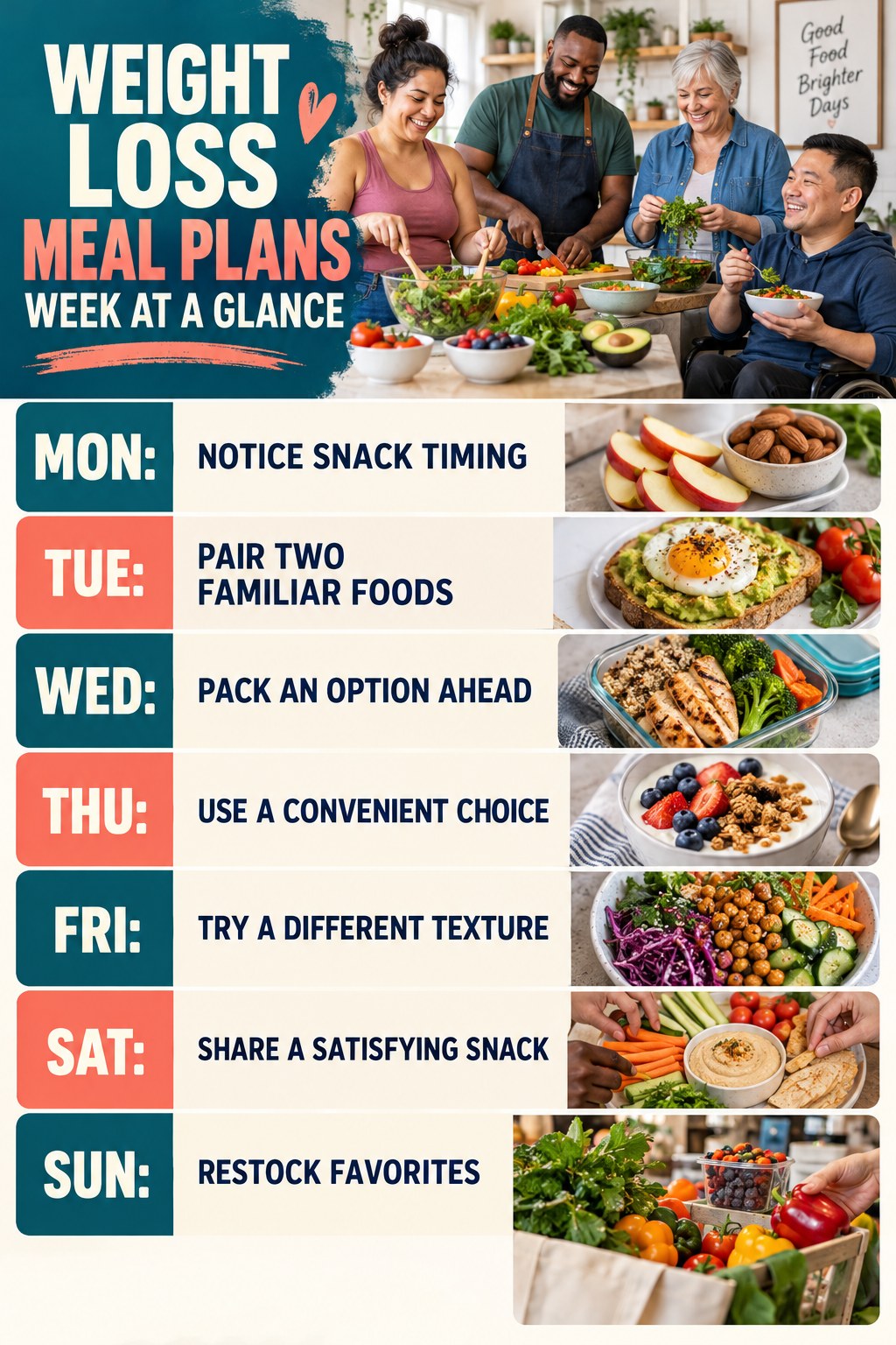 Weekly Weight Loss Meal Plans plan graphic with concise Monday-to-Sunday actions and flexible recovery guidance.