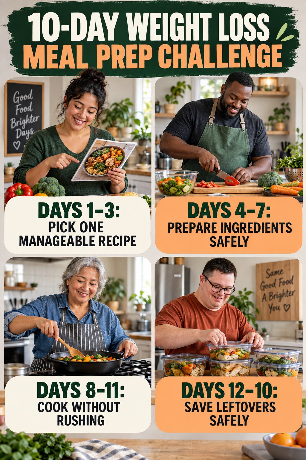 10-day Weight Loss Meal Prep challenge graphic showing four manageable milestones for consistent practice.