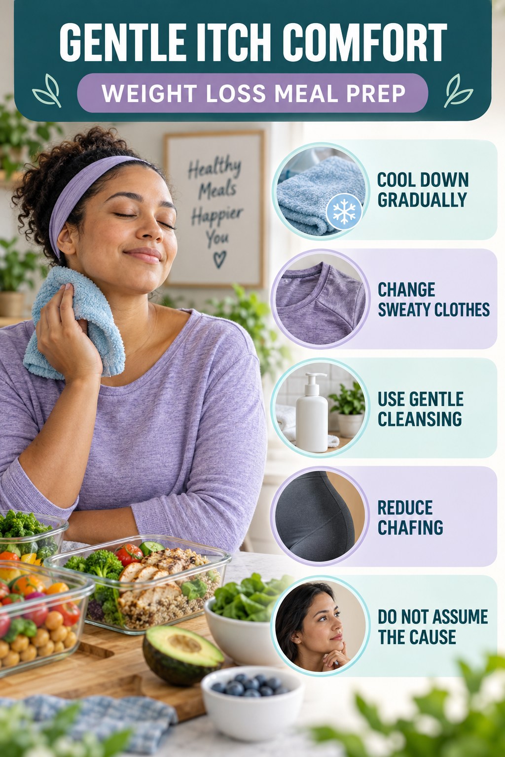 After-Activity Skin Comfort infographic for Weight Loss Meal Prep with five gentle itchy-skin comfort strategies and a non-diagnostic safety focus.