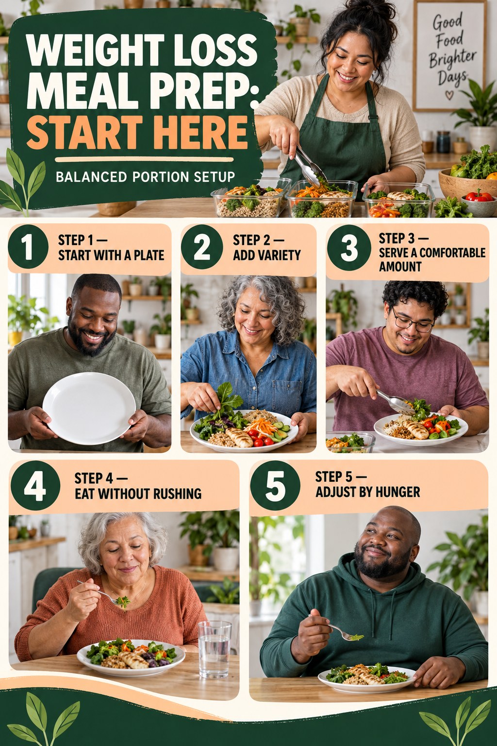 Weight Loss Meal Prep beginner guide graphic showing five manageable stages for balanced portion setup.