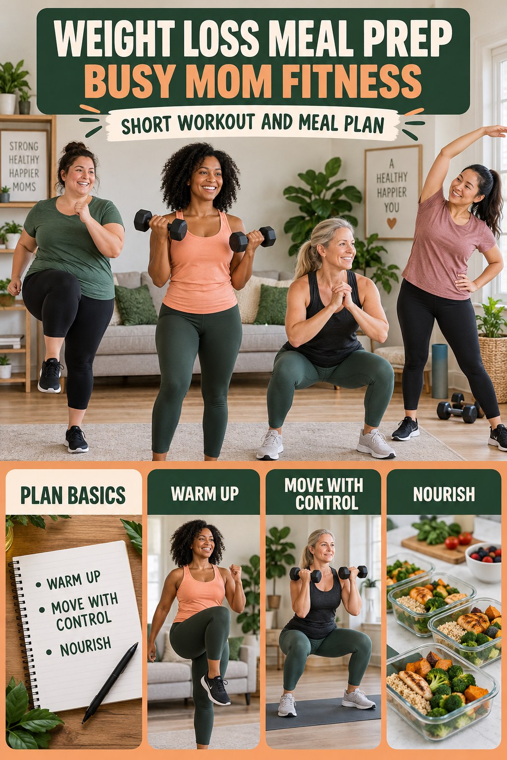 Weight Loss Meal Prep busy-mom fitness graphic titled Short Workout and Meal Plan with four practical movement prompts.
