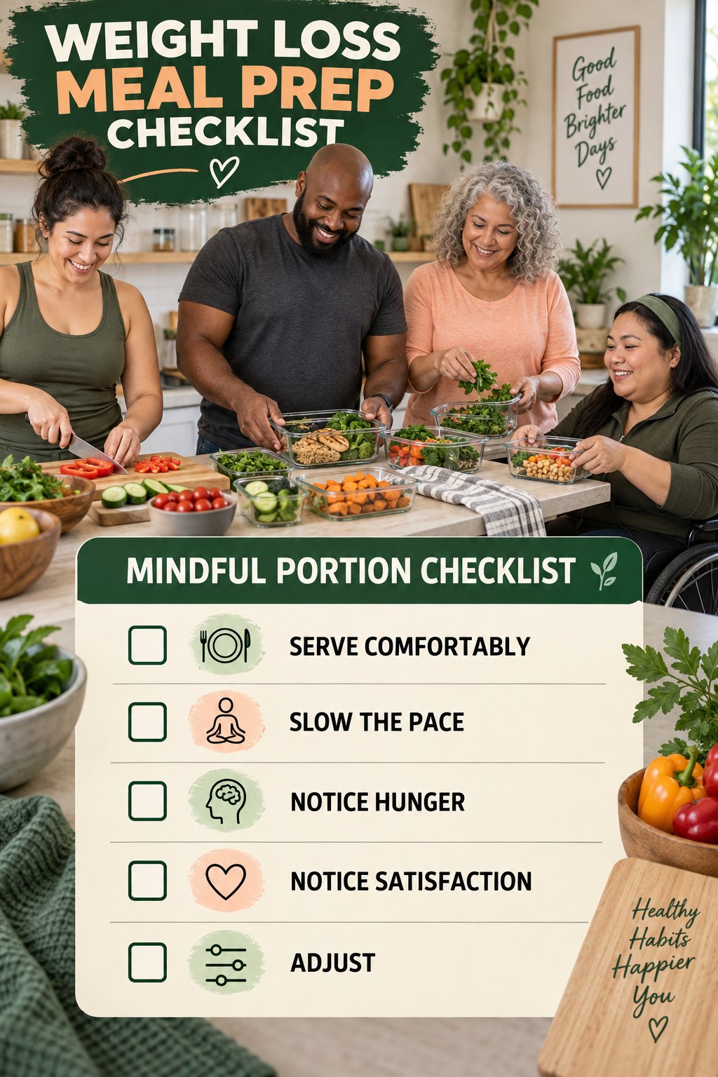 Weight Loss Meal Prep checklist graphic titled Mindful Portion Checklist with five clear practical wellness items.