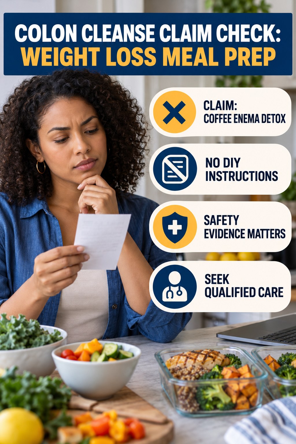Coffee Enema Claims infographic for Weight Loss Meal Prep, separating a colon-cleanse marketing claim from evidence, reasonable conclusions, and safety context.