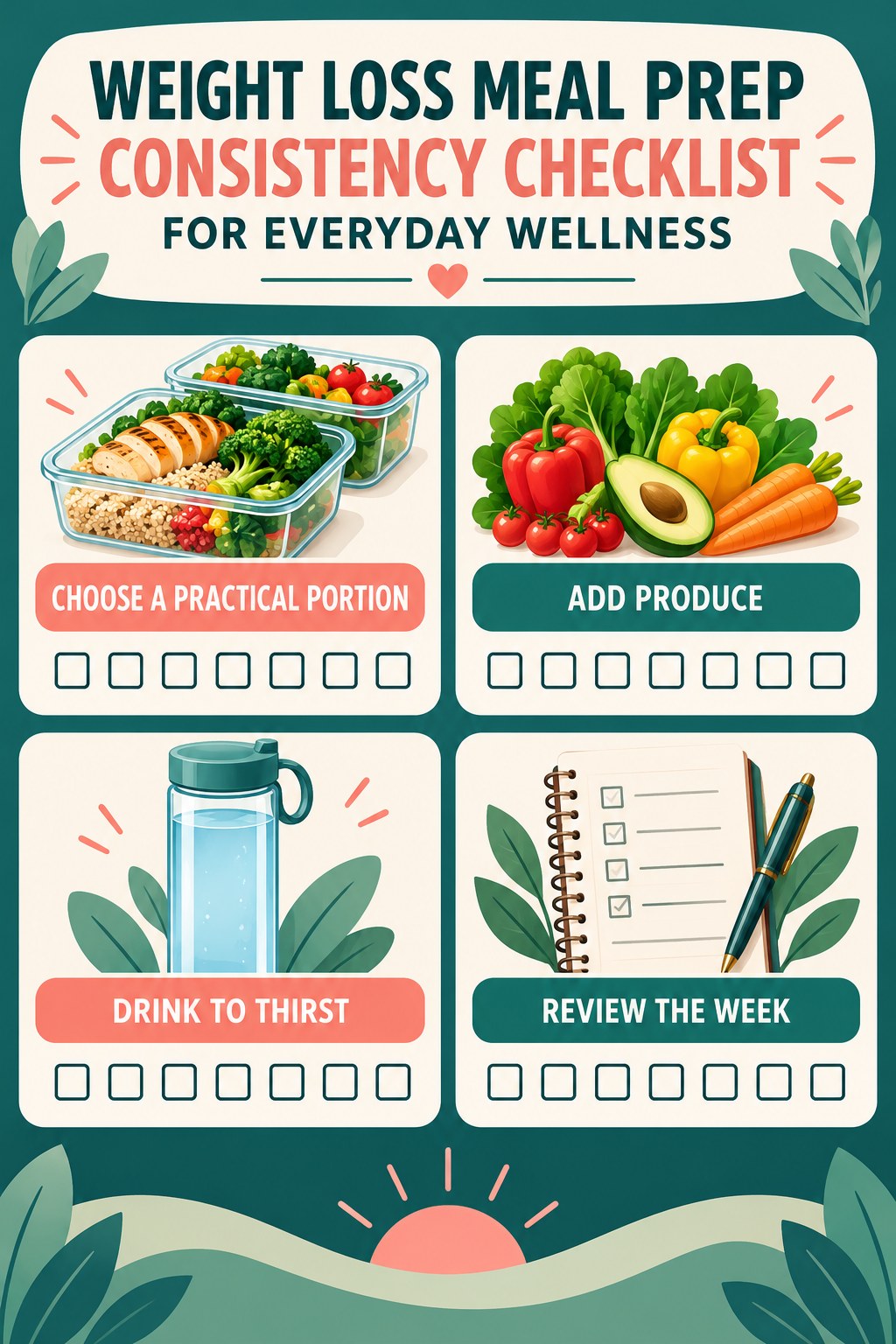 Weight Loss Meal Prep Consistency Checklist for Everyday Wellness infographic with checkboxes for choose a practical portion, add produce, drink to thirst, review the week.