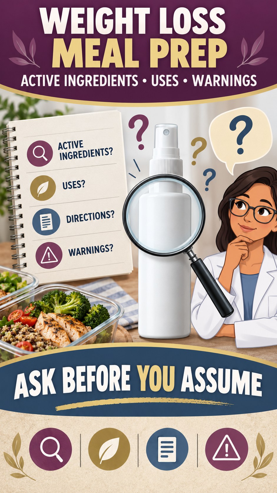 Consumer Questions Checklist infographic for Weight Loss Meal Prep, showing a generic spray-label checklist that separates available facts, missing details, and evidence questions.