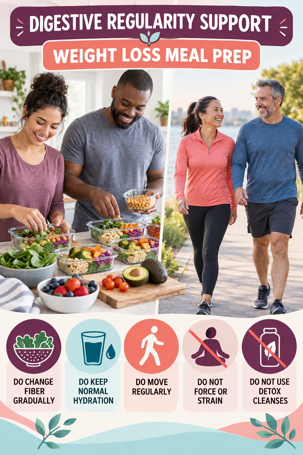 Digestive Wellness Do and Do Not infographic for Weight Loss Meal Prep with five practical food, hydration, movement, or routine actions and no cleanse claims.