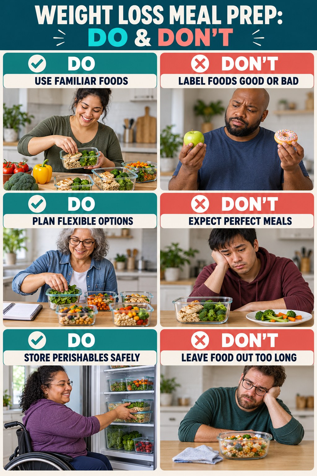 Weight Loss Meal Prep Do and Don’t comparison graphic showing three practical behavior pairs for simple cooking.