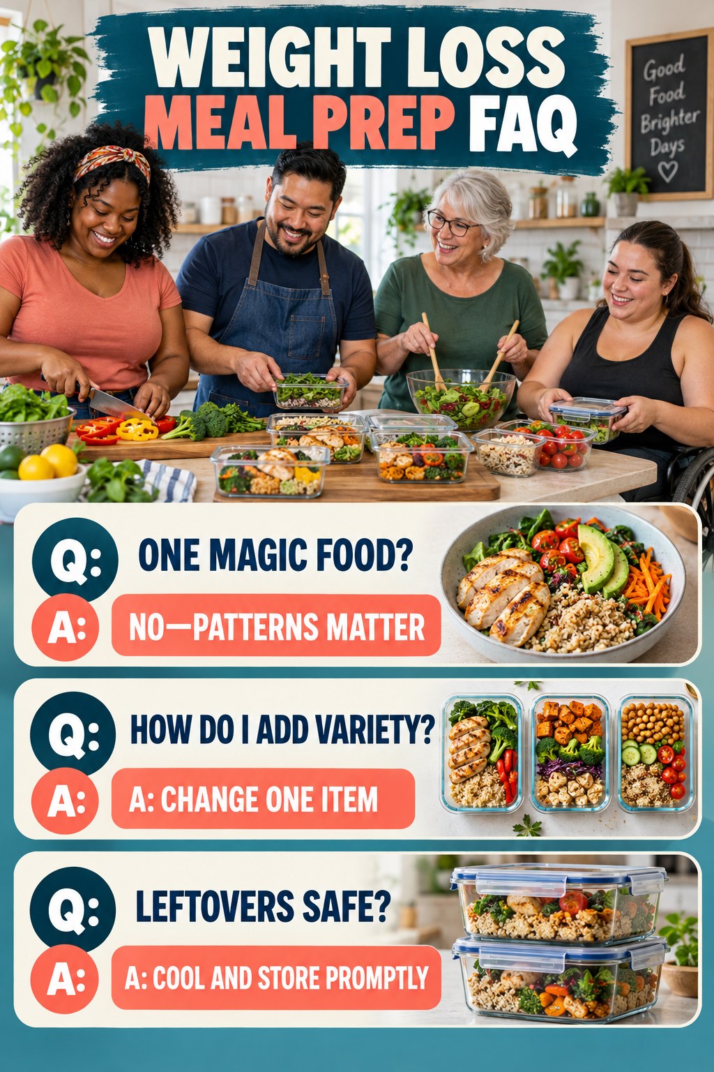 Weight Loss Meal Prep FAQ graphic with three concise questions and practical answers for beginners.