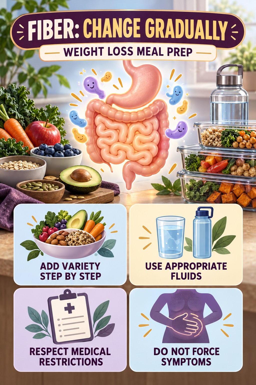 Fiber Changes Should Be Gradual educational infographic for Weight Loss Meal Prep with four evidence-aware points.