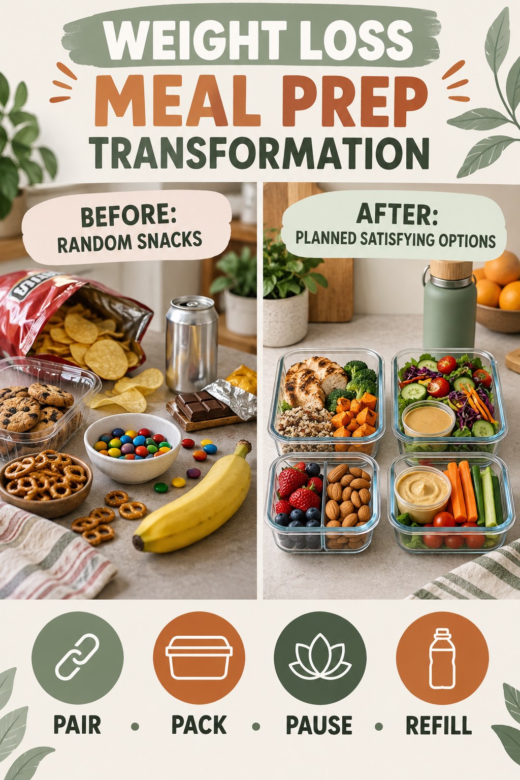 Weight Loss Meal Prep habit transformation graphic comparing random snacks with planned satisfying options using four practical steps.