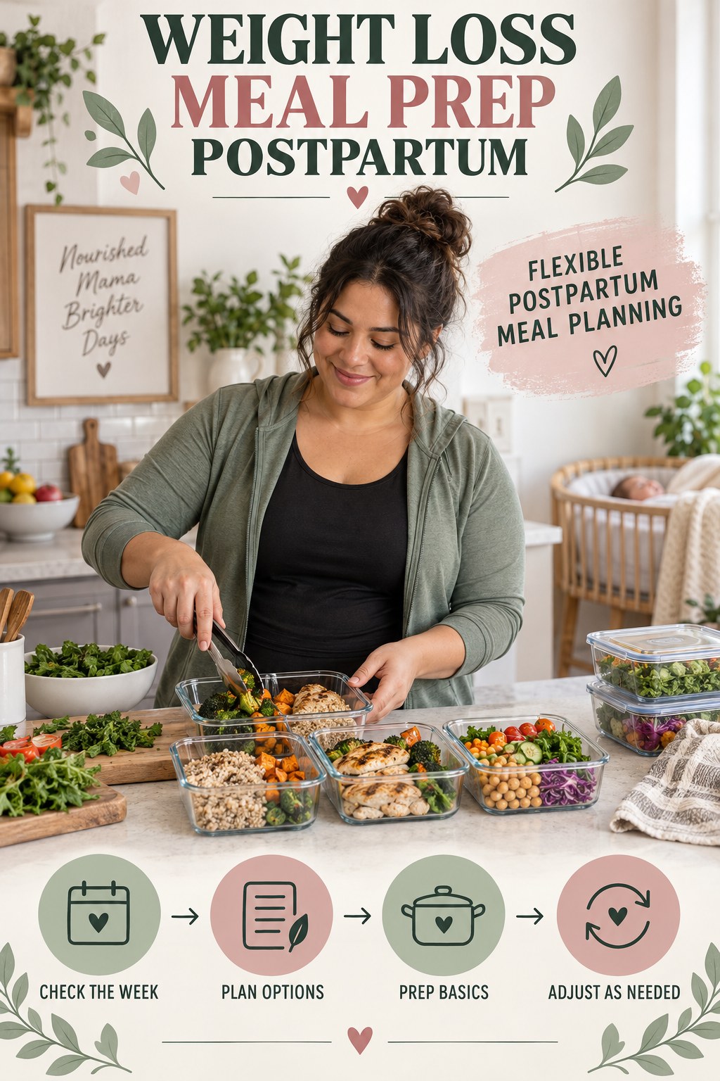 Weight Loss Meal Prep postpartum graphic titled Flexible Postpartum Meal Planning with four gradual recovery-aware prompts.