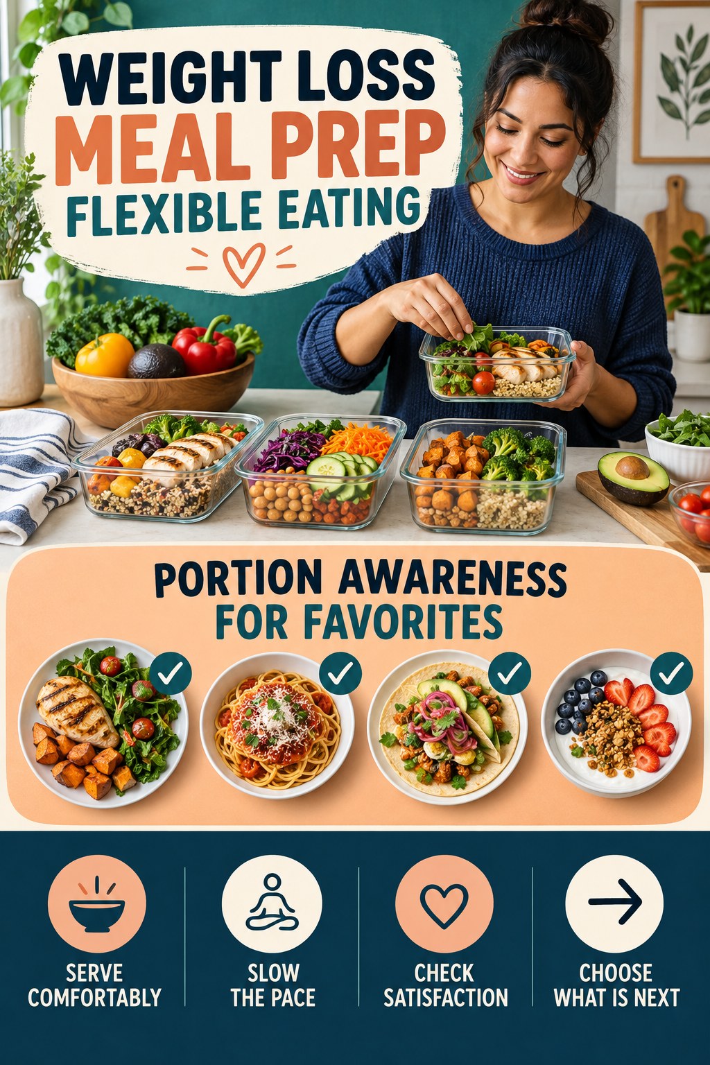 Weight Loss Meal Prep flexible eating graphic titled Portion Awareness for Favorites with four practical balance prompts.