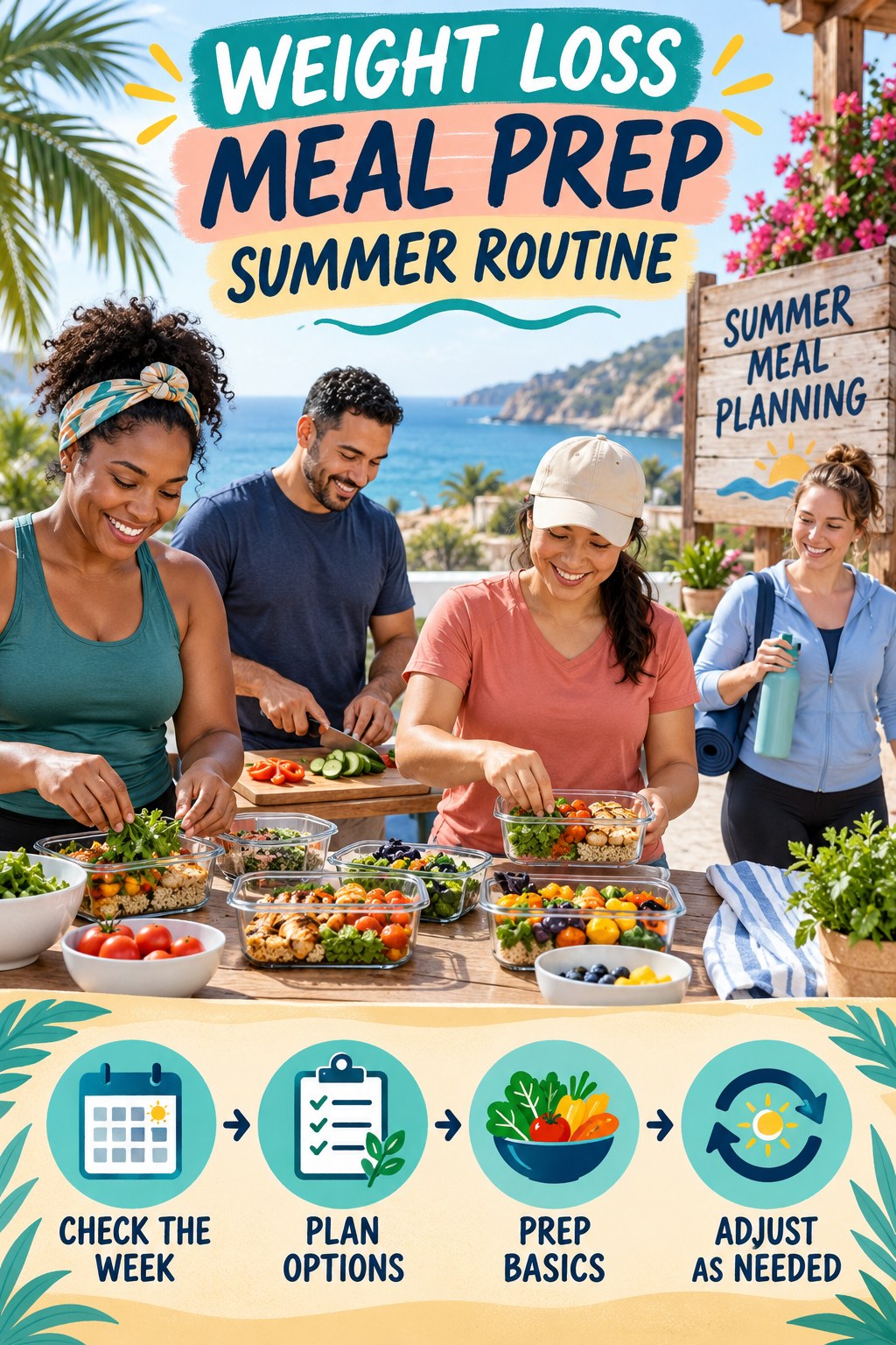 Weight Loss Meal Prep summer routine graphic titled Summer Meal Planning with four practical wellness prompts.