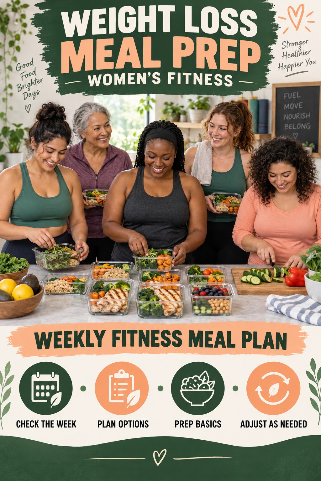 Weight Loss Meal Prep women’s fitness graphic titled Weekly Fitness Meal Plan with four practical training prompts.