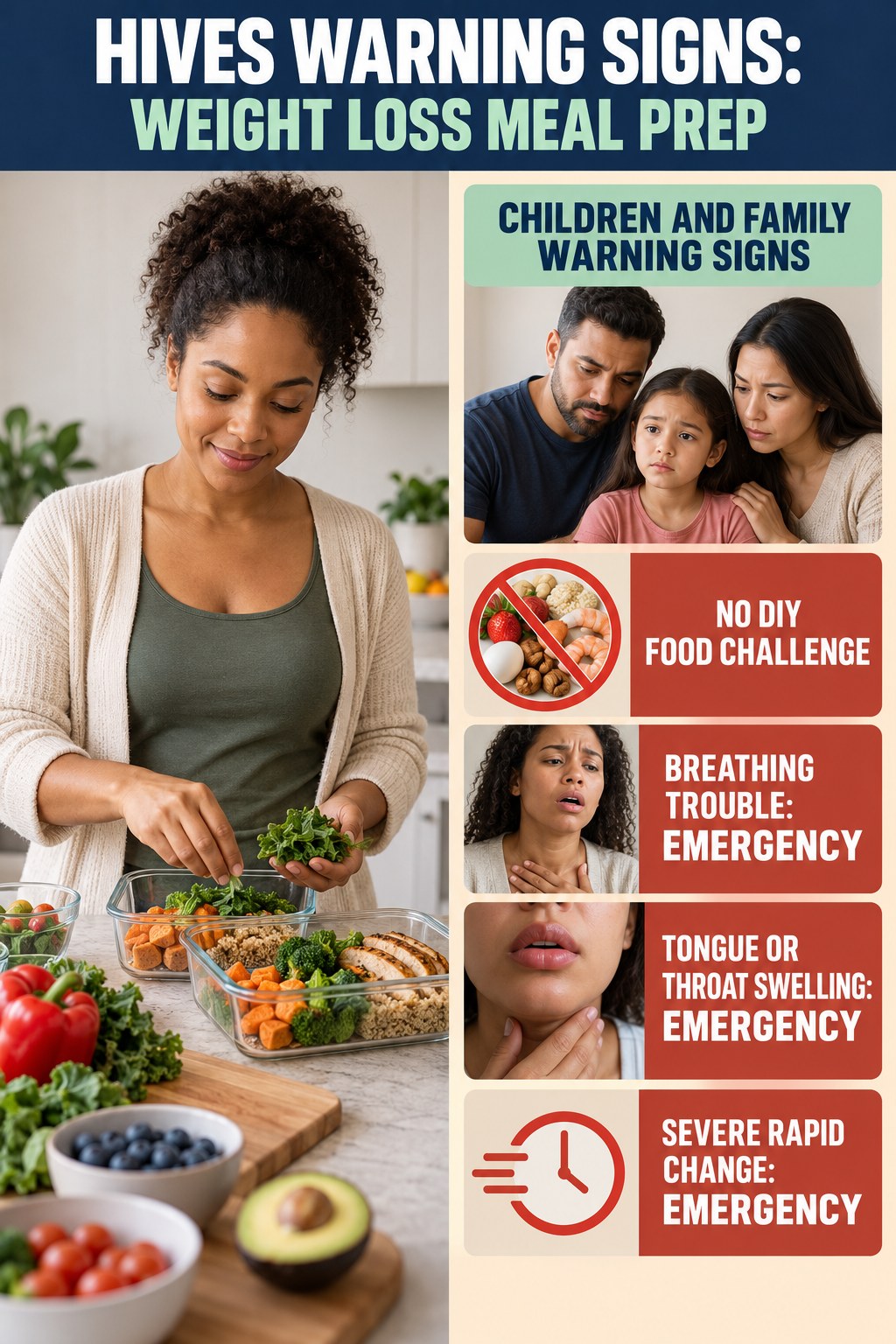 Children and Family Warning Signs infographic for Weight Loss Meal Prep, highlighting urgent breathing, throat, swelling, fainting, and rapid-progression warning signs without diagnosing hives.