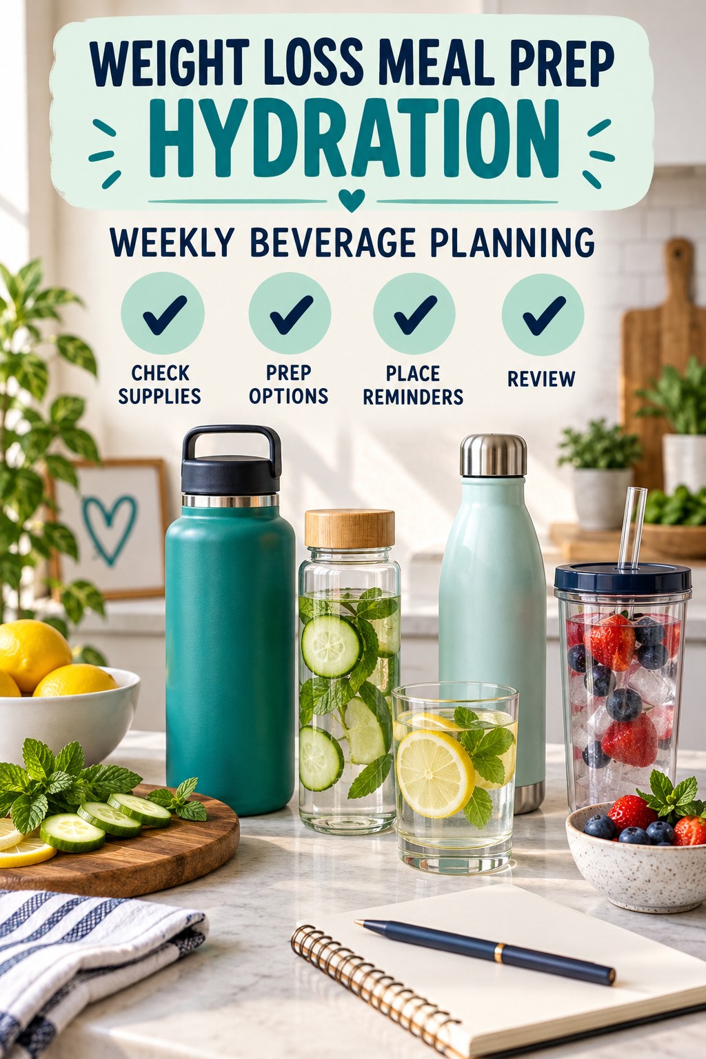 Weight Loss Meal Prep hydration graphic titled Weekly Beverage Planning with four flexible water-habit prompts and no fixed intake target.